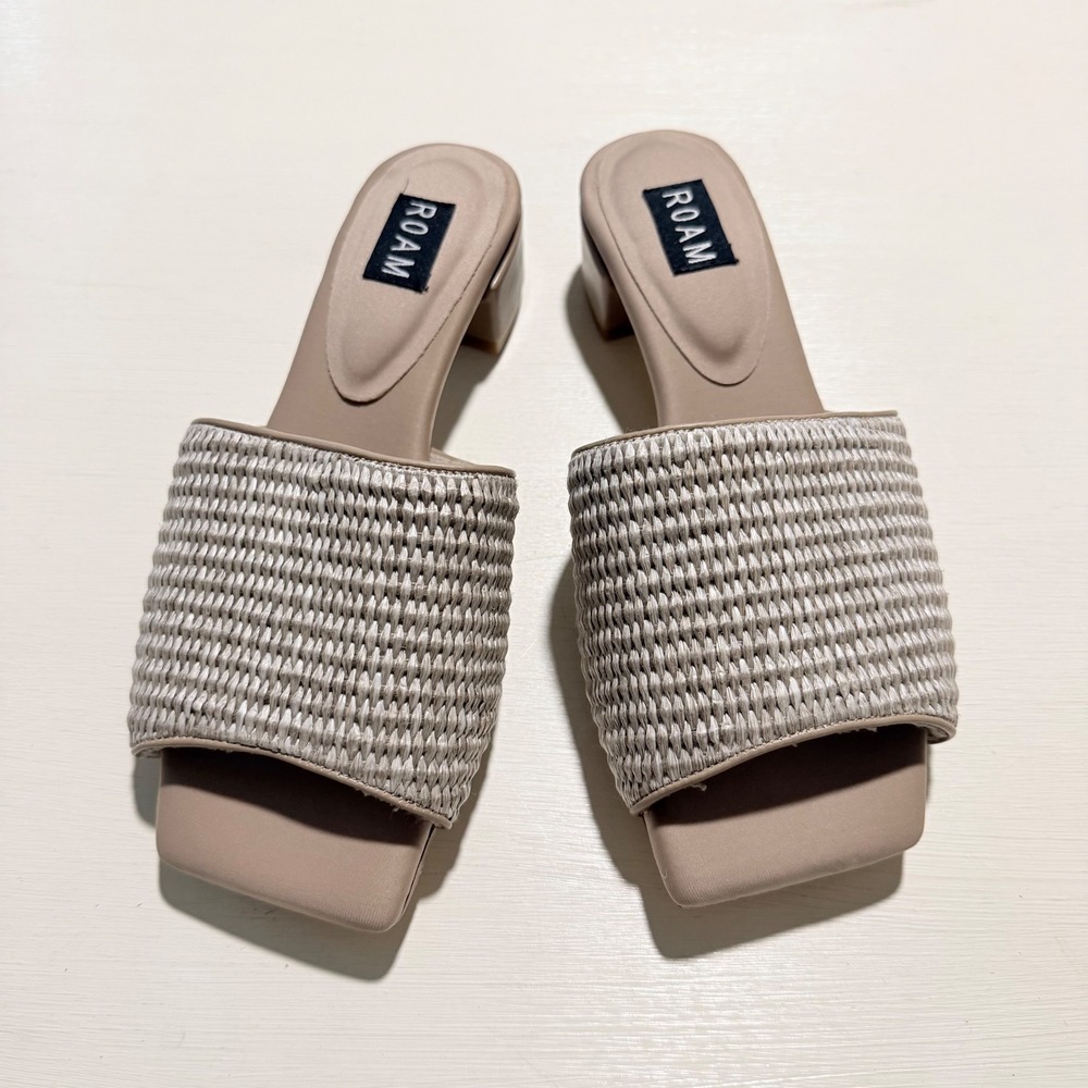 ROAM The Puffy Woven Sandal Beige Square Toe Low Block Heel Slides Size 6